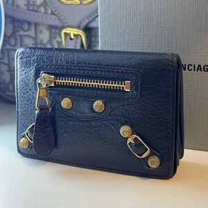 Authentic Balenciaga Bi-fold Blue Leather Card Holder Wallet Gold-Tone Studs